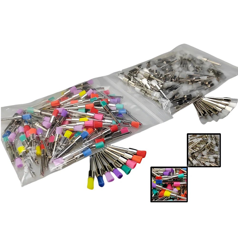 

Стоматологическая профилактическая щетка, щетки для полировки зубов, защелка, винтовой тип, щетка с нейлоновой щетиной для удаления пятен и полировки, 100 шт./пакет