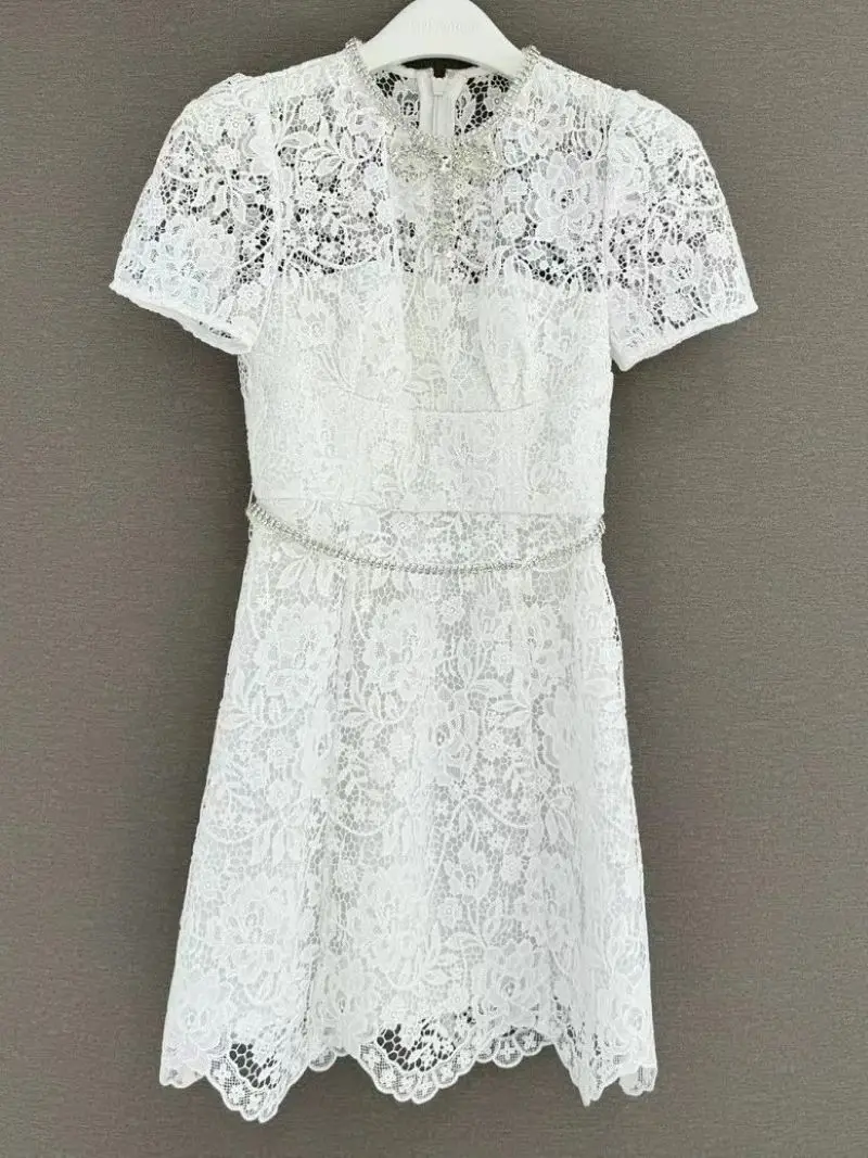 Mini vestido feminino com diamante, robe de manga curta, gola redonda, elegante, verão, 2024