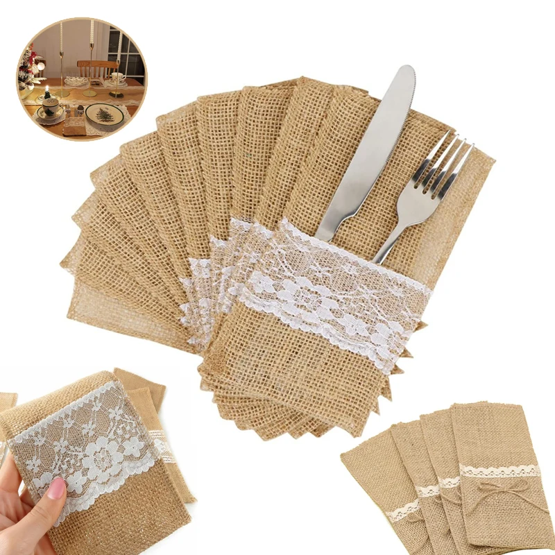 

10Pcs/Lot Burlap Cutlery Holder Lace Tableware Pouch Pocket Christmas Silverware Holder Pockets Wedding Table Decoration