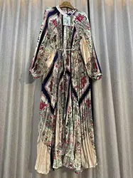 2025 New spring Chic Print Pleated Maxi Party Dress For Women Retro Single Breasted Long Sleeve A-line Casual Fashion Party Robe