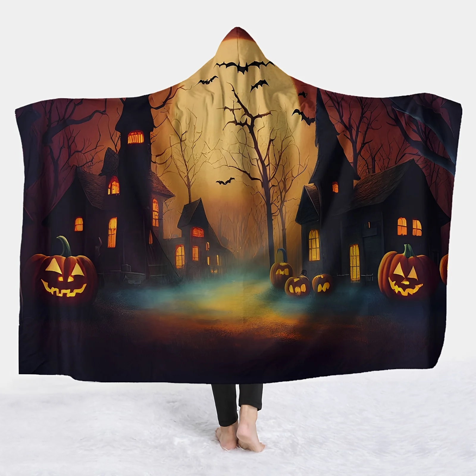 Open 1pc Halloween Pattern Hooded Blanket Digital Printing Flannel Magic Hat Blanket Soft And Warm