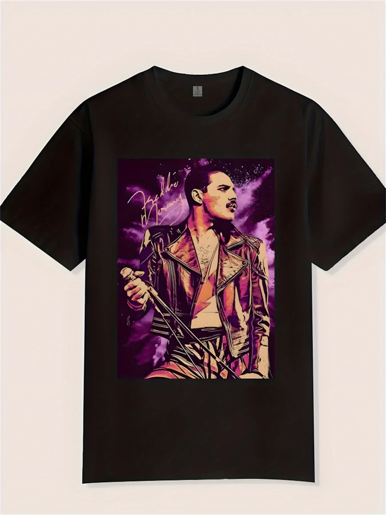 Women's Rock Music Graphic Print T-Shirt - Bold Stage Pose & Electric Guitar Design, Black with Purple-Pink Smoke