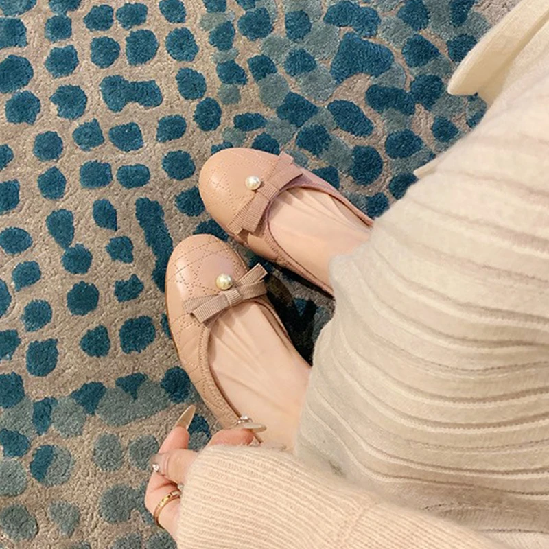 sweet-elegant-knot-pearl-slip-on-flat-bottom-ballet-flats-women's-spring-autumn-new-style-leather-version-single-shoes