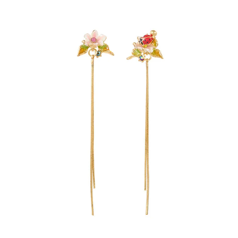 Hand-painted Enamel Long Tassel Flower Ladybug Earrings Shaping Style Earrings for Women Little Dangle Earrings