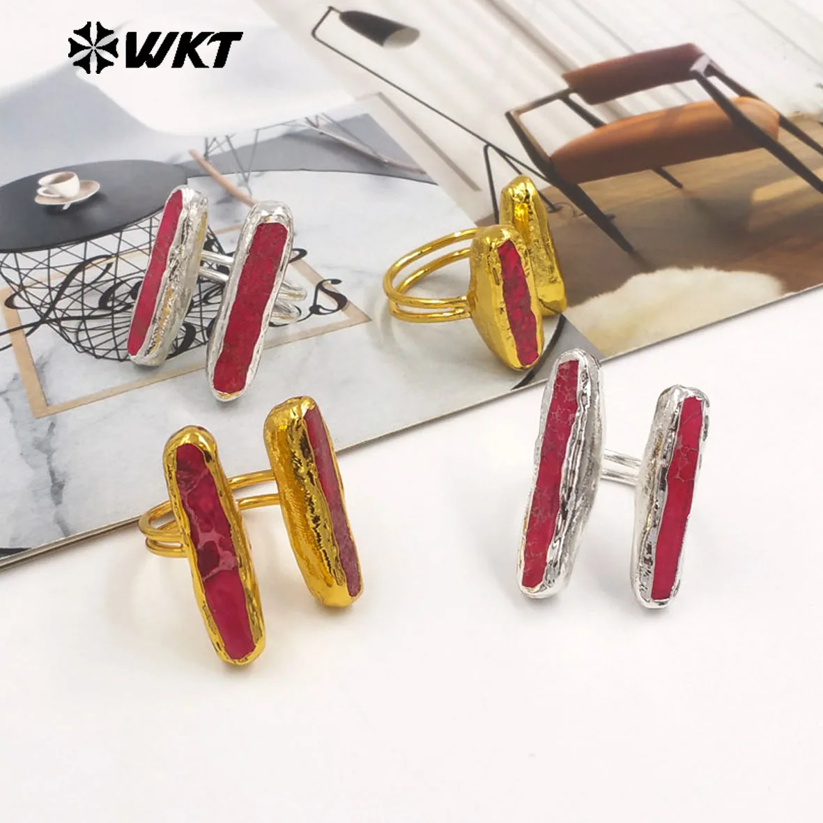 WT-R610 Natural Emperor Pink And Opal Stone Turquoise Special Design With 18k Gold Plated Can Be Adjustable Rings For Unisex