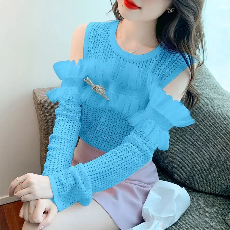 Sweet Women's Knit Pullover With Ruffled Butterfly Sleeves And Hollow Out Detail For Summer Parties And Evening Outings 4