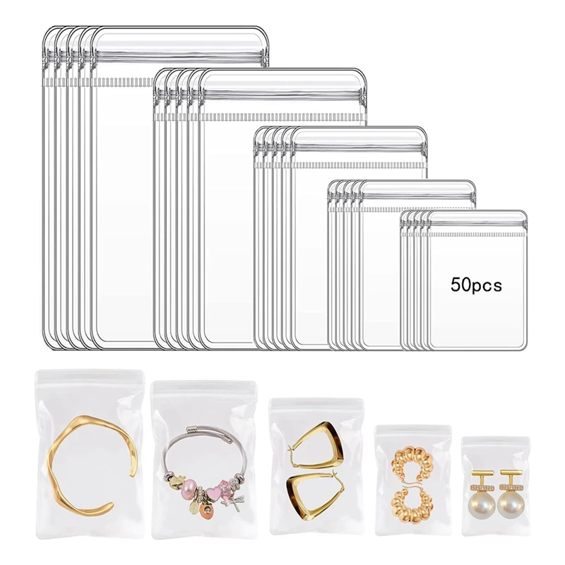 ABYN-50Pcs 5 Sizes Clear Jewelry Organizer Earring Ring Necklace Storage Bags Travel, Anti Tarnish Protect Jewelry