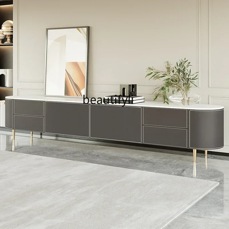 

CC Saddle leather TV cabinet marble living room light luxury with round solid wood coffee table floor cabinet combination53