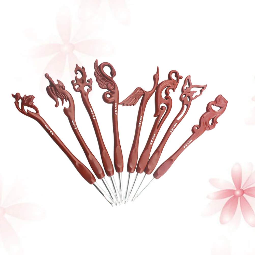 8 قطعة مقبض الألومنيوم إبرة كروشيه مجموعة الرجعية مختلطة إبر الحياكة للمبتدئين البني الحيوان زهرة شكل اليدوية سترة حقيبة #4