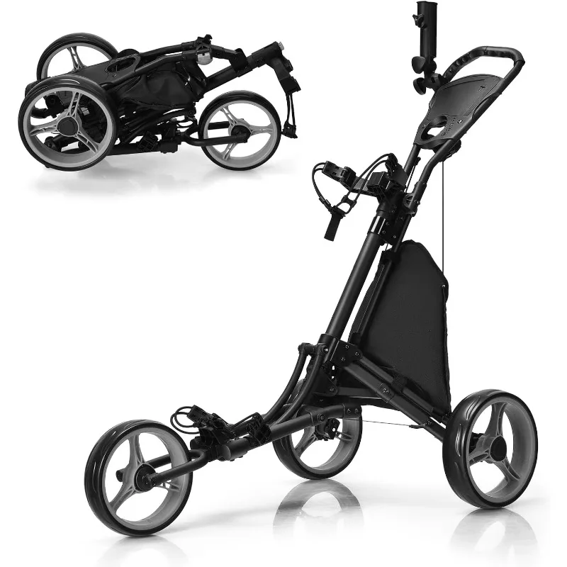 Tangkula Golf Push Pull Cart, Lightweight Aluminum Collapsible 3 Wheels Golf Push Cart, Golf Trolley with Elastic Strap