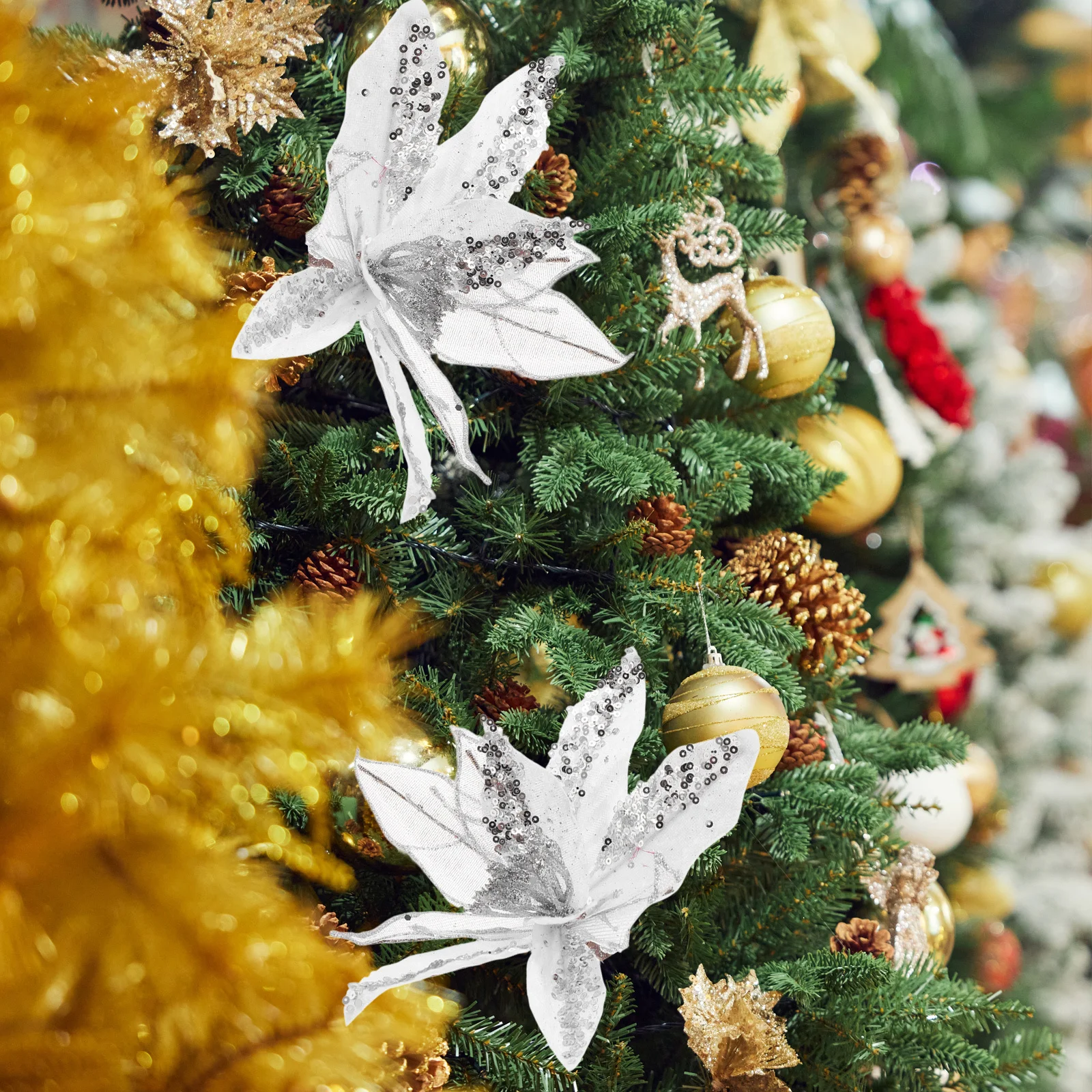 

6pcs Silver Poinsettia Artificial Christmas Flowers 22Cm Glitter Faux Floral Picks For Xmas Tree Wreath Decor Indoor Outdoor