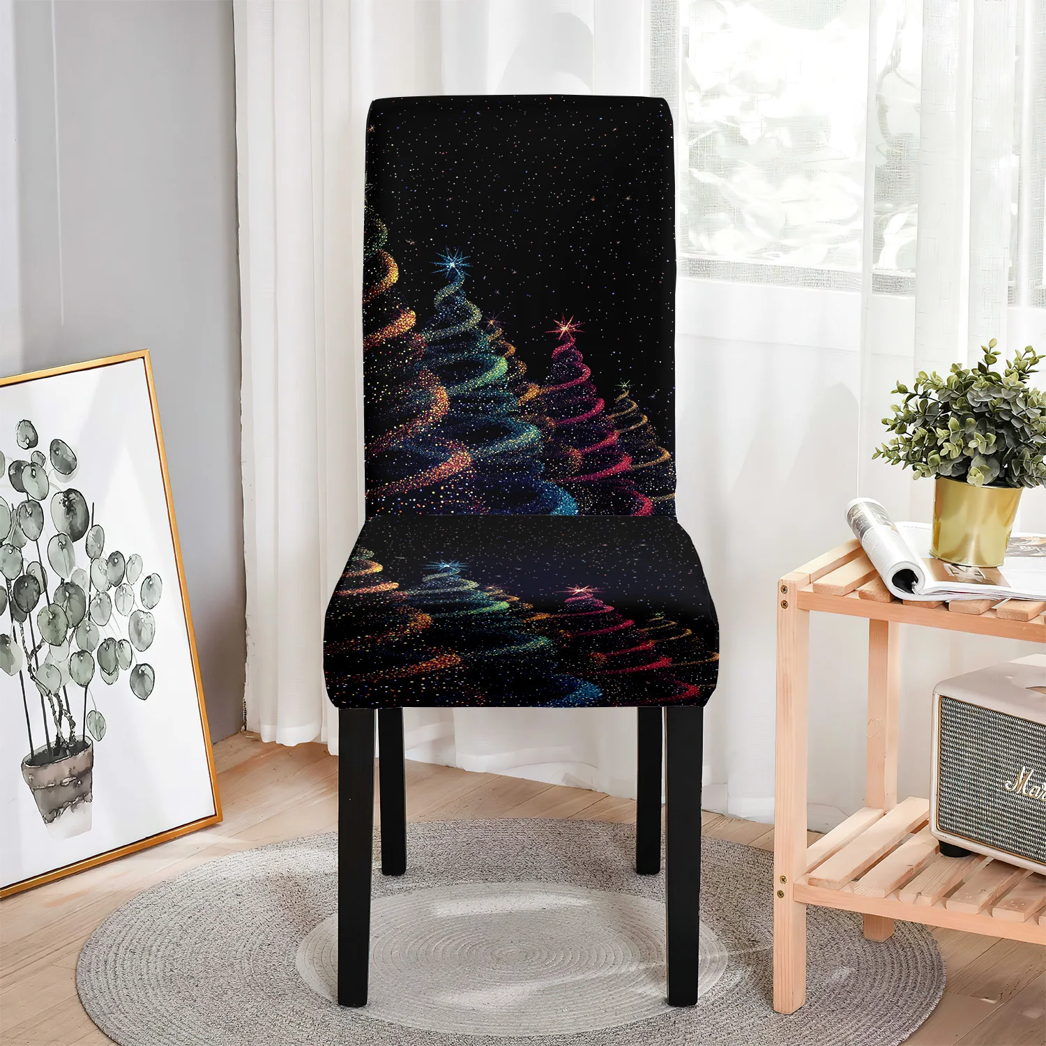 

4/6 шт. чехлы на стулья с принтом звездное небо, рождественская елка, дизайн дома, эластичные чехлы на обеденные стулья, подходящие для гостиничных ресторанов