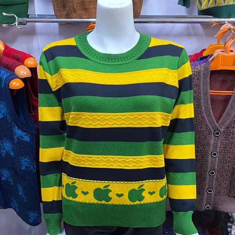 

New Mid-Late Autumn Long Sve Knitted Sweater Loose Striped Base Layer Top for Women Spring Faion Mom Sle Casual Wear