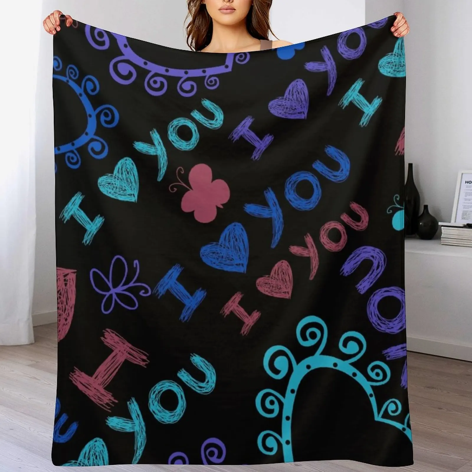 

I love you and purple and blue hearts on a black background Throw Blanket Hairys Bed Plush Blankets