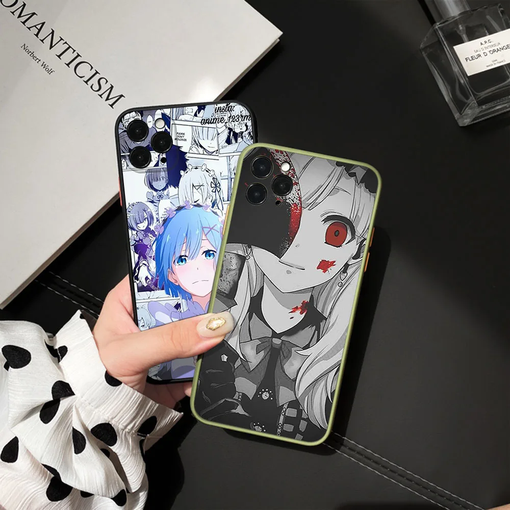 For iphone 16 15 Pro 14 13 12 Mini 11 7 8 Plus XS Max XR Re ZERO Ram Rem In Another World Frosted Translucent Black Phone Cases