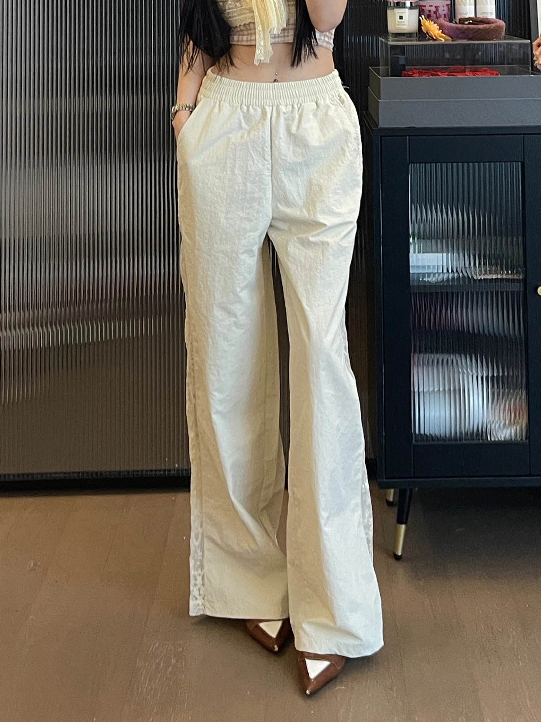 

ChiclyNana Casual High Waist Wide Leg Pants Women's Loose Straight Lace Splicing Long Trousers Comfortable Polyester Blend