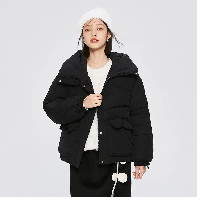 Semir Women Medium Long Cotton Hood Coat Warm White 2022 Winter New Style Bow Tie Loose Sweet And Thick Coat