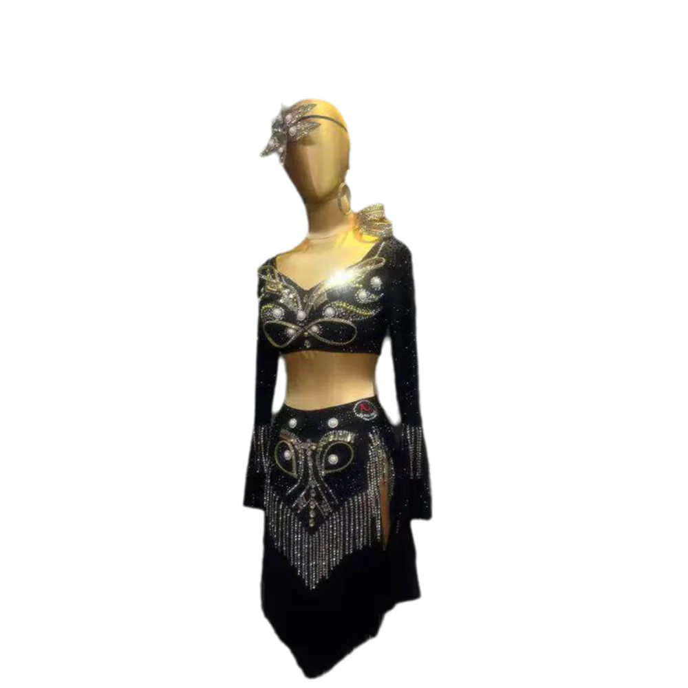 Latin Dancer Adult Children High-End Custom Classical Black Gold Split Long Sleeved Tango Samba AB Stone Performance Dress