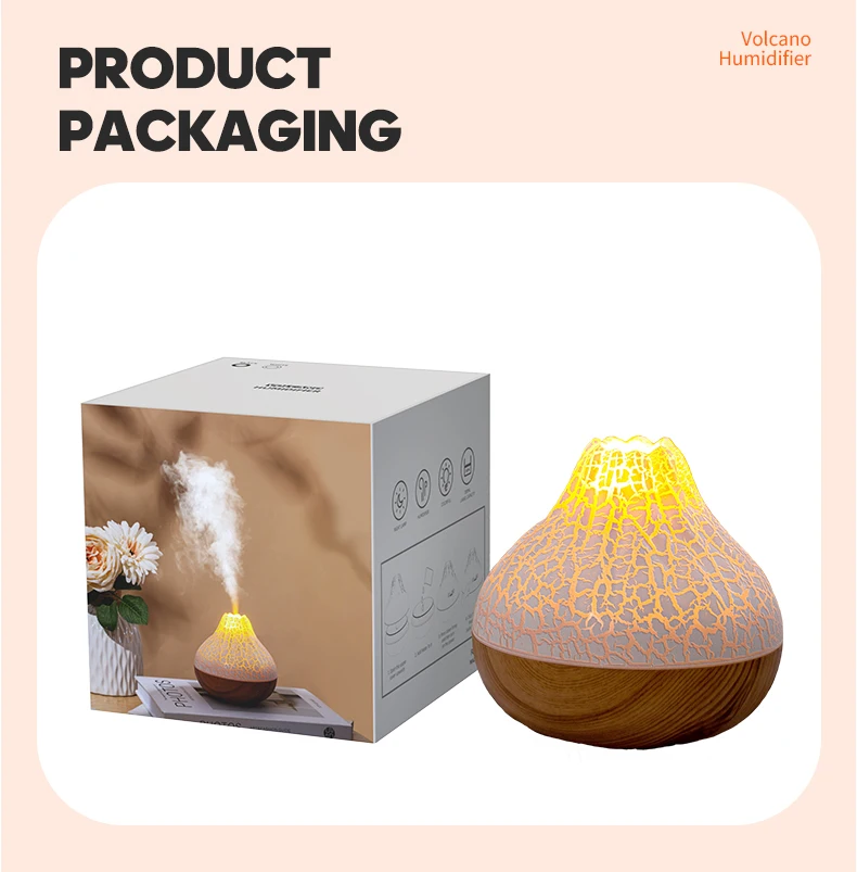 Volcano Air Humidifier with 7-Color Night Light - USB-Powered Desktop Mist Diffuser and Air Freshener