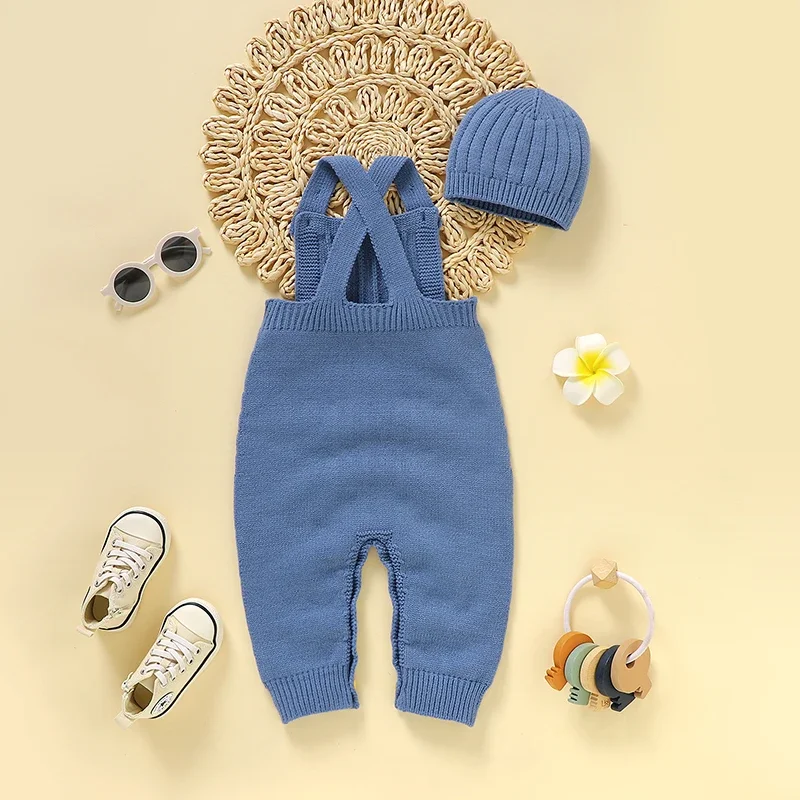 Baby Romper Knitted Infant Boy Girl Jumpsuit Sleeveless Newborn Kid Sling Clothes Hat 2PCS 0-18M Overalls Fashion Solid Playsuit