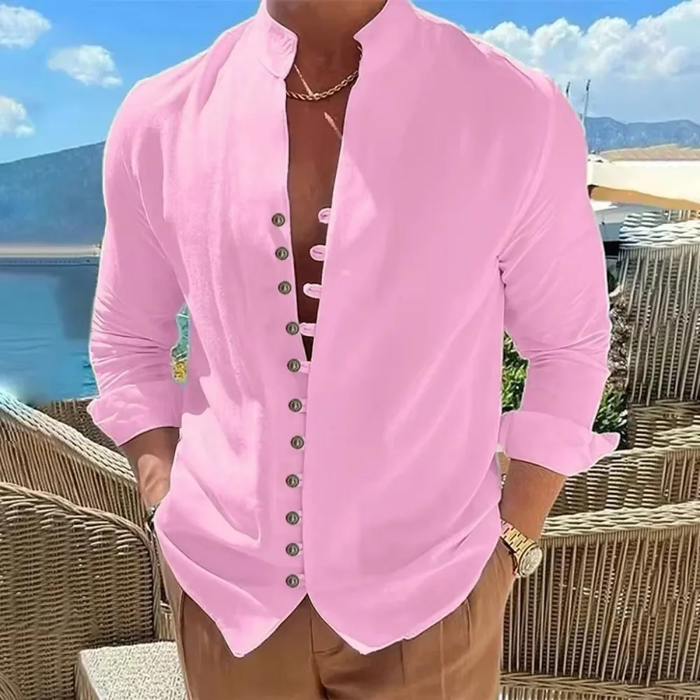 Moslim Kleding Heren Summer 2025 Linen Shirt Men Hot Sale Men's Long-Sleeved Shirts Solid Color Button Up Casual Style