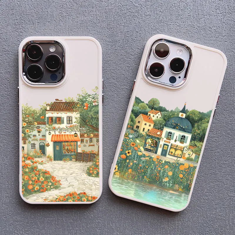 Rural Illustrations Village House Pattern Silicone Phone Case for IPhone 16 15 Plus Pro Max 14 13 12 11 Pro Max XS X XR SE Cover