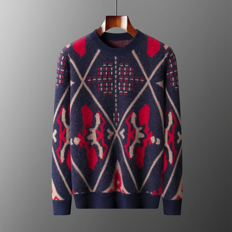 

2025 Autumn/Winter Men's New Cashmere Sweater Round Neck Long Sleeve 100% Pure Wool Knit Business Casual Retro Jacquard Pullover