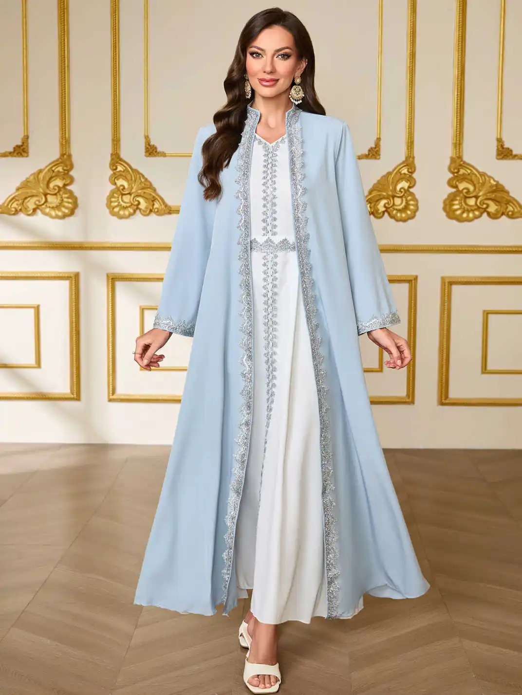 

Muslim Ramadan Festival Outfit, Light Blue Cardigan with White V-Neck Inner Skirt Two-Piece Set, Women's Robe with Waist Tie, Placket, Cuffs, and Silver Lace Trim