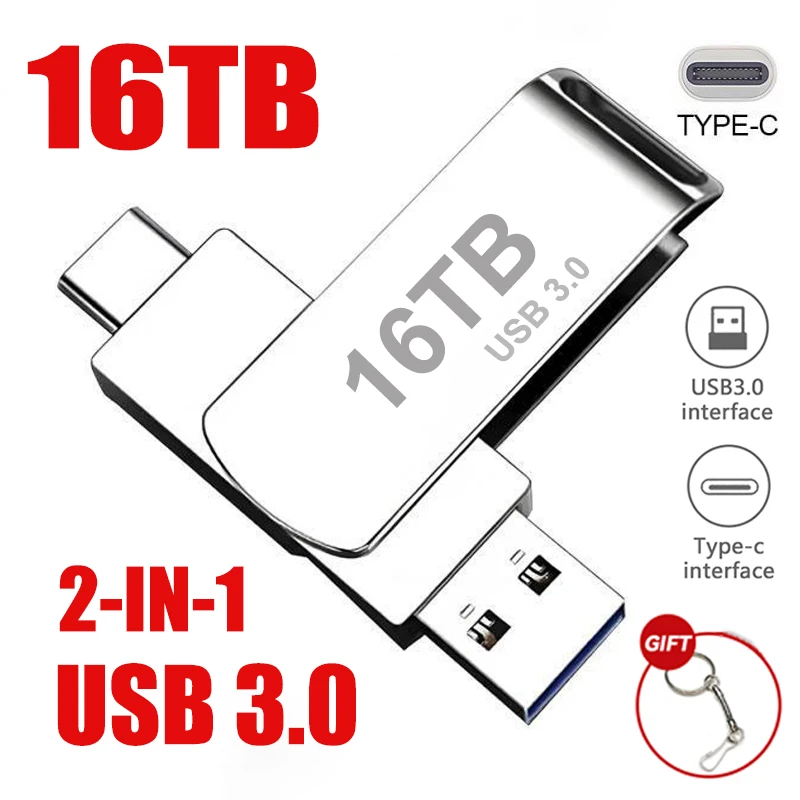 메탈 USB 3.0 플래시 드라이브, 고속 펜드라이브, 휴대용 SSD 메모리, USB 플래시 디스크, TYPE-C 어댑터, 16TB, 2TB, 8TB, 4TB, 신제품