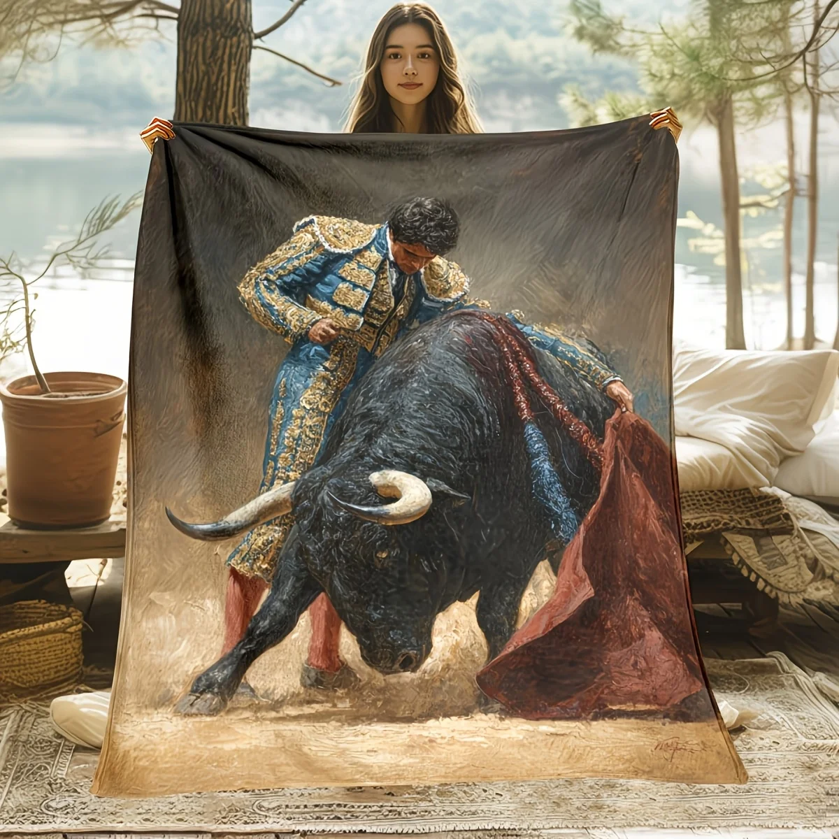 Luxury Large Canvas Blanket Throw Art Tapestry Bullfight Painting Decor 150x200cm Renaissance Style Home Decor
