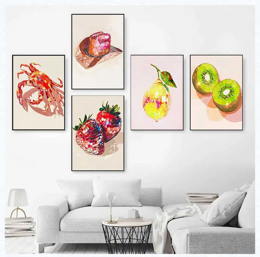 Disco Retro Red Strawberries Cherry Lemon Poster Canvas Painting Print Trendy Wall Art Picture Dorm Room Home Decor Mural