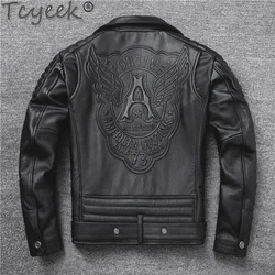 Tcyeek New Mens Cowhide Leather Jacket Autumn Spring Men Clothing Genuine Leather Coat Label Moto Biker Jackets Casaco Masculino