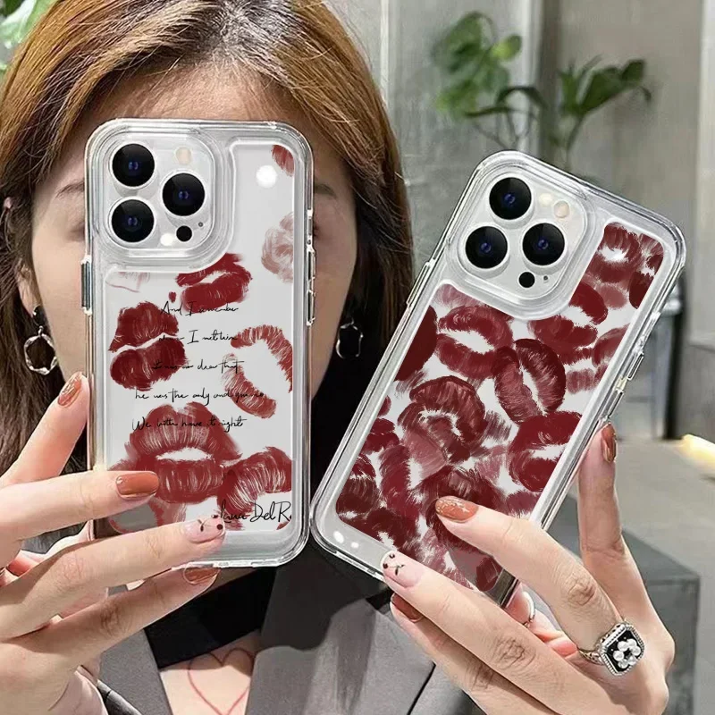 Luxury Shockproof Soft Clear Phone Case For iPhone 16 15 14 Pro Max 13 12 11 XS X XR 7 8 Plus SE 3 2022 Sexy Girl Red Lips Cover