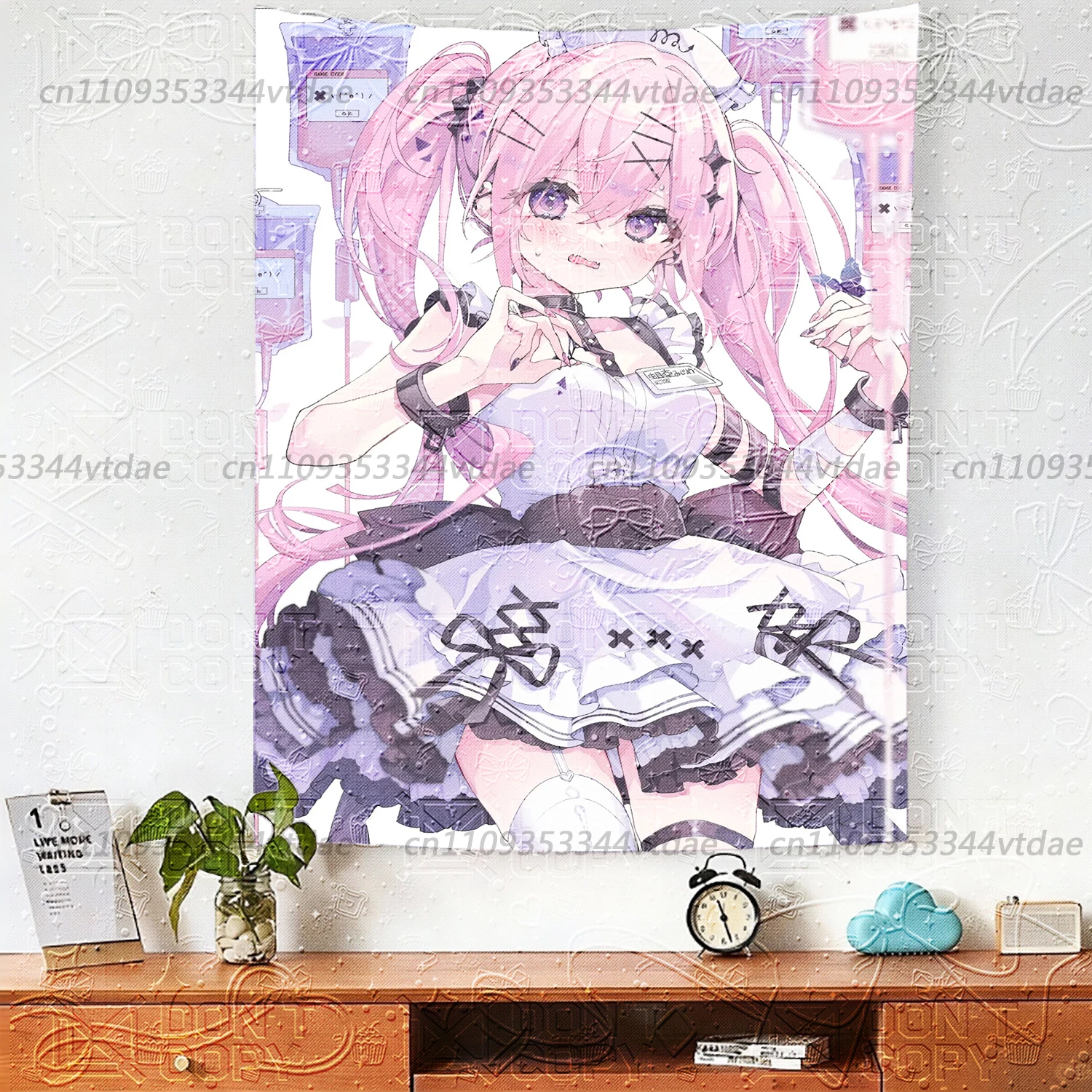 Kawaii Pink Blue Nurse Anime Girls Tapestry, Gothic Lolita Medical Style Wall Hanging, Pastel Aesthetic Background Cloth