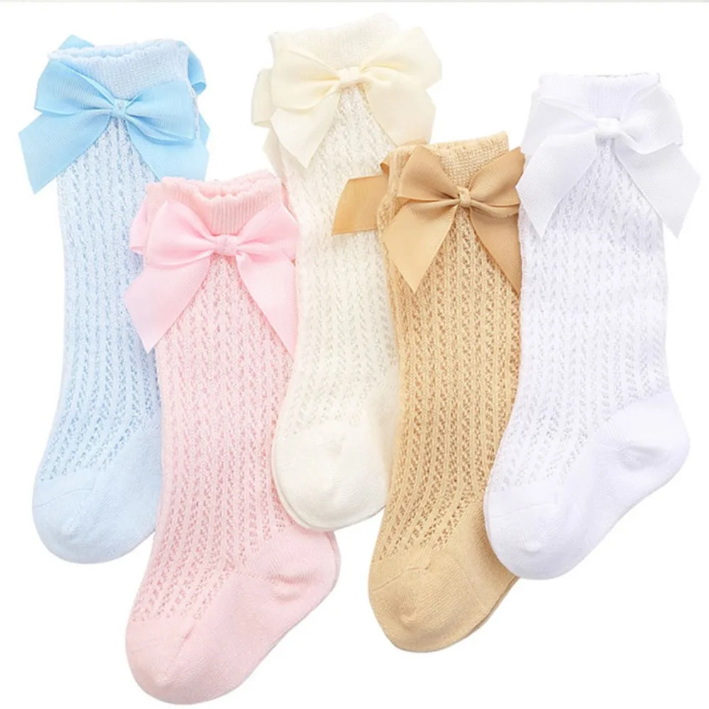 Baby Girl Socks Knee high Bow Baby Summer Mesh Breathable Long Socks Pure Color  Knee-high Sock With Bowknot Infant