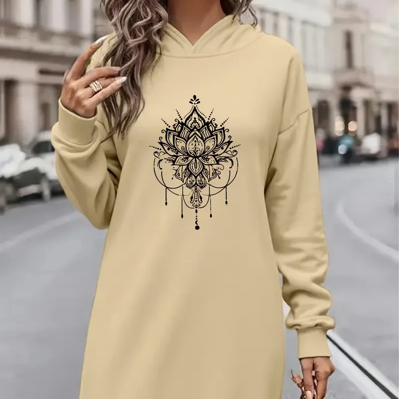 

2025 new women's floral 3D pattern hooded sweatshirt dress - beige, paired with pink and blue floral prints, flowing long dress