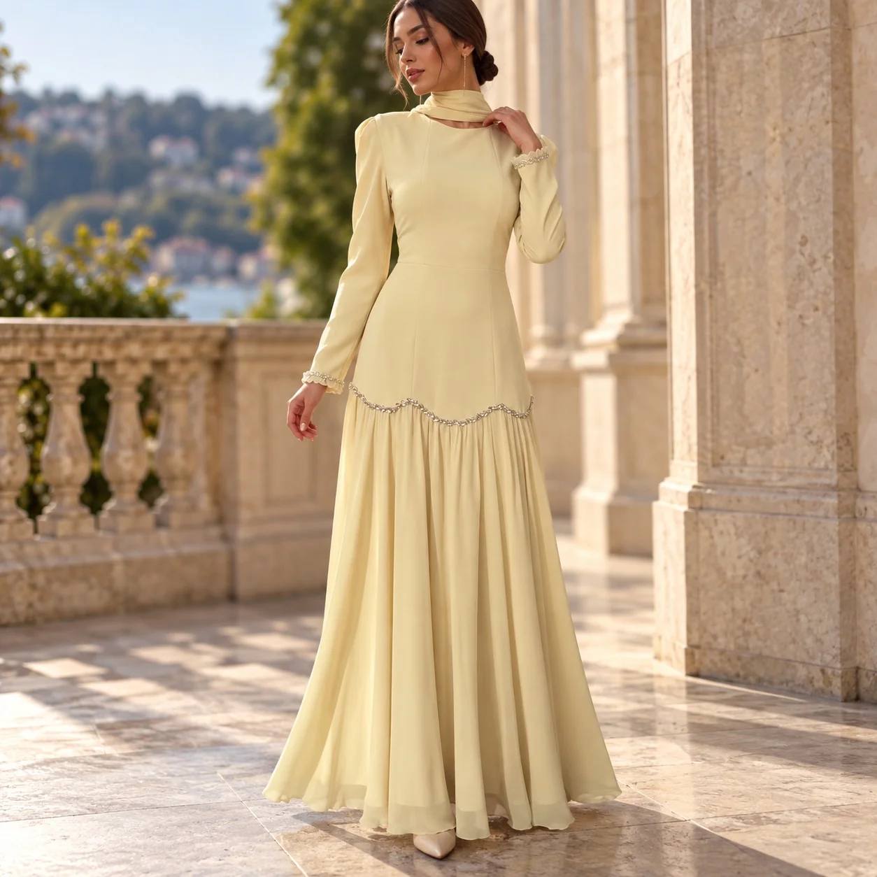 Long Sleeve Pleated Dress High Waist Elegant with a Line Pullover Slim Fit a Line Skirt Elegant Style Long Dress for Women