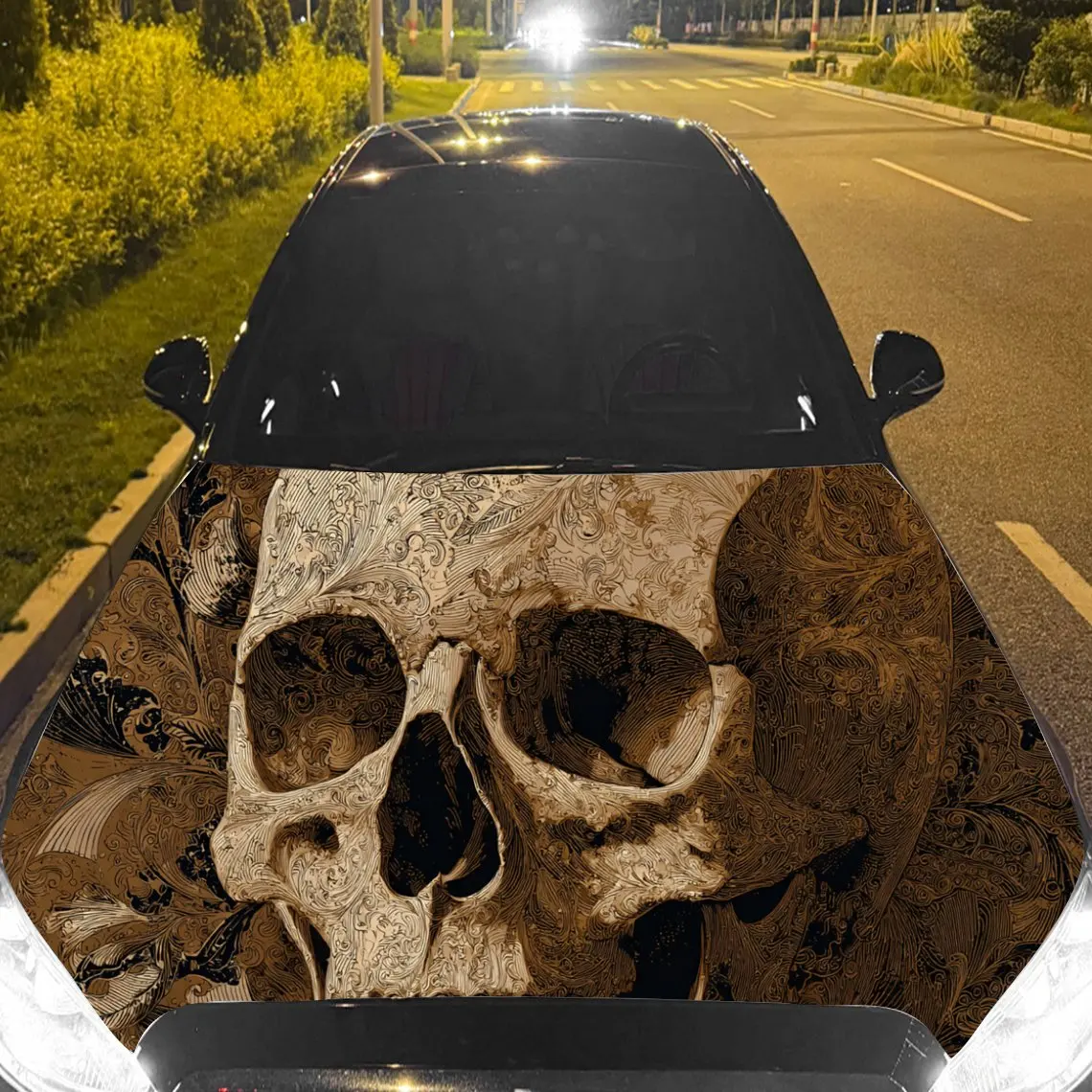 

Car Decal Skull with Intricate Brown Artistic Texture in Dark Ornate Style - Edgy Artistic Dark Fantasy Aesthetic Car Hood Stick