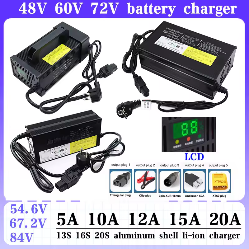 54.6V 67.2V 84V 5A 8A 10A 12A 15A 20A Smart Lithium Battery Fast Charger for 13S 16S 20S Lipo Li-ion Electric Bike Power Tool