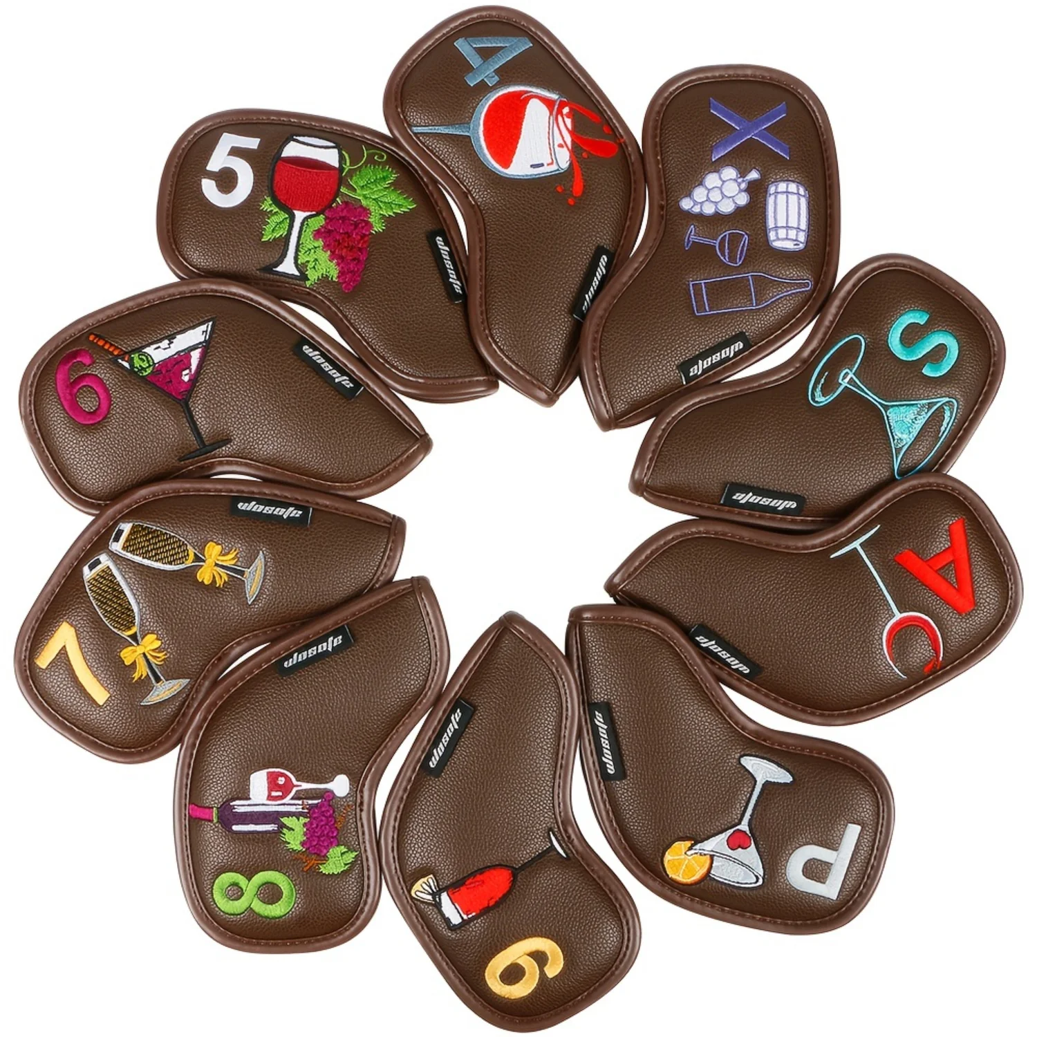 

10-Piece Golf Iron Covers Set, Embroidered Wine Glass Pattern PU Leather Cover, Ultimate Protection for Your Clubs!