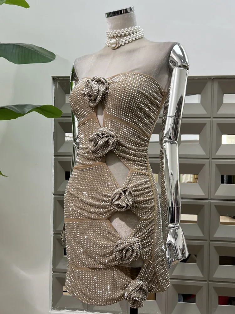 DFDG Women’s 2025 Party Dress Cut-out Strapless Heavy Embroidery Bodycon Y2K Sexy Dress 3D Floral Spring Summer Clubwear Dress