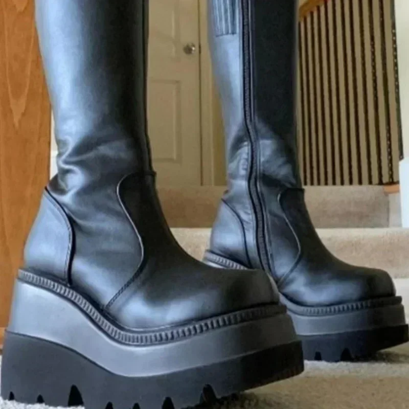 2024 New Fashion Platform Women Combat Winter Heels Quality Long Thigh High Zipper Knee High Boots Botas Mujer Platform Shoes