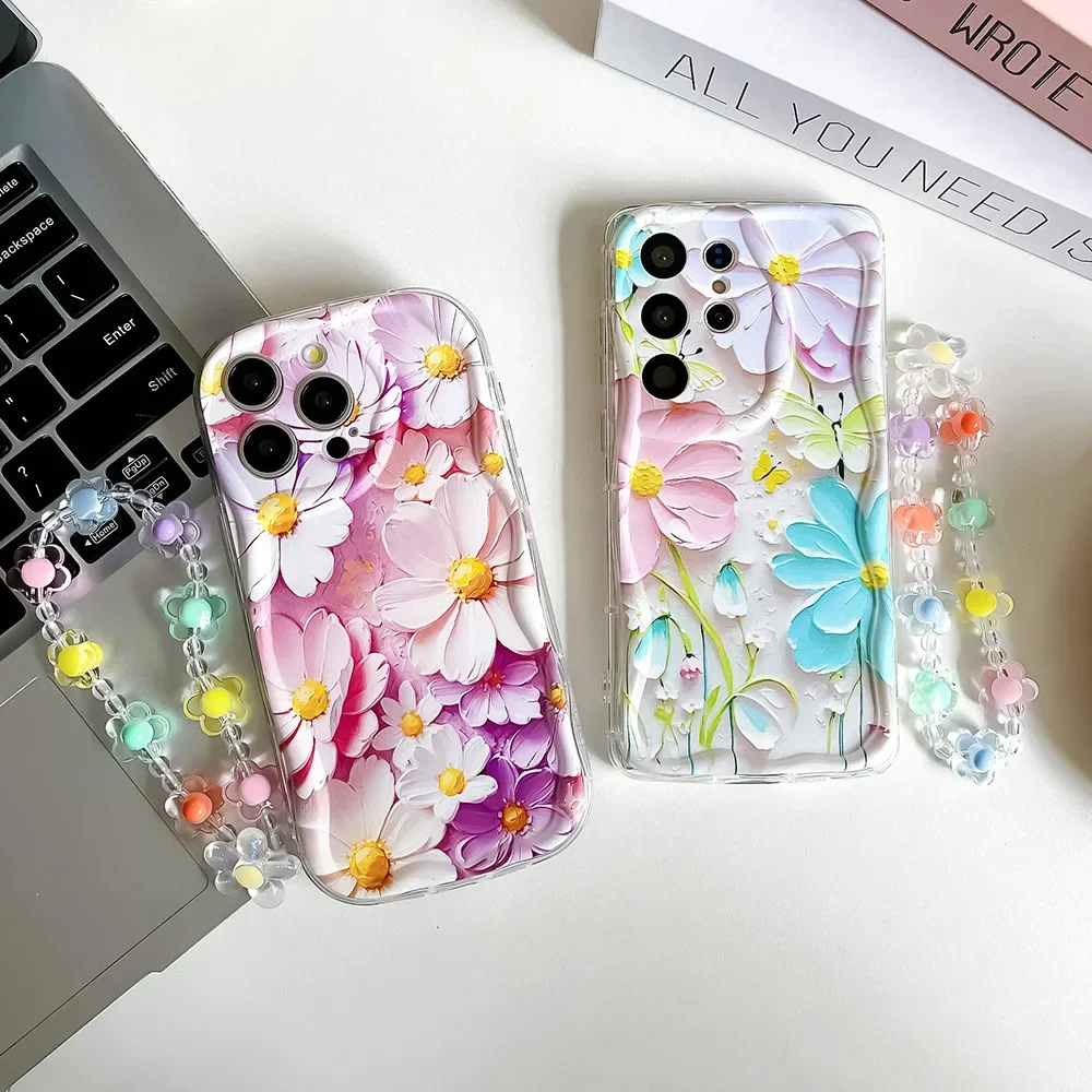 Wrist Chain Phone Case For Samsung A54 34 14 25 35 55 24 15 23 13 31 73 53 33 22 10 20 30 50 12 32 52 72 51 71 21 Flower Cover