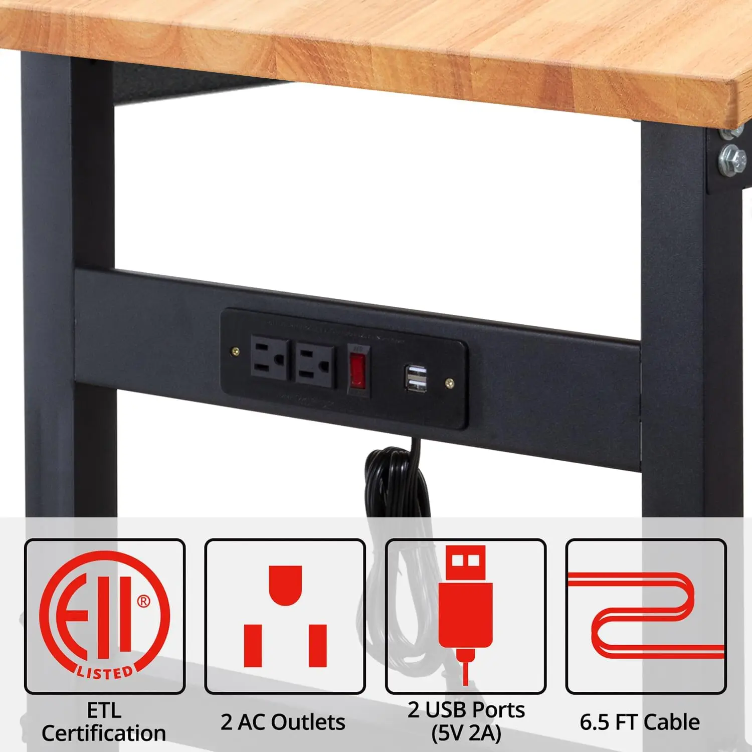 Établi avec capacité de charge de 2000 lb, table de travail en bois dur avec prises de courant pour garage et travail