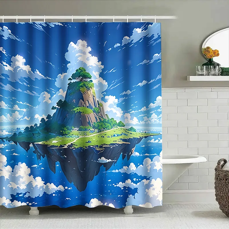 Sky Island Fantasy Shower Curtain Aerial Mountain View Lush Greenery Cloudy Sky Bath Decor Waterproof  Durable  Elevate Space