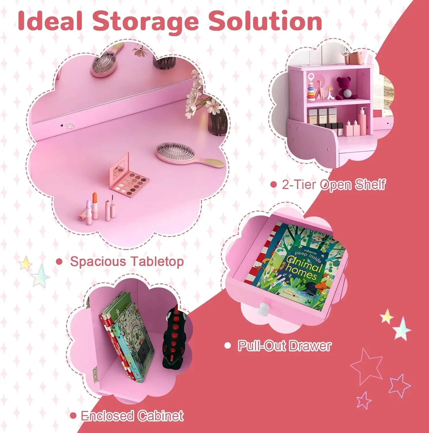 طقم طاولة تزيين مكياج خشبية وردية مع أضواء للأطفال مع مرآة، مقعد وخزانة تخزين، أثاث اللعب التظاهري #4
