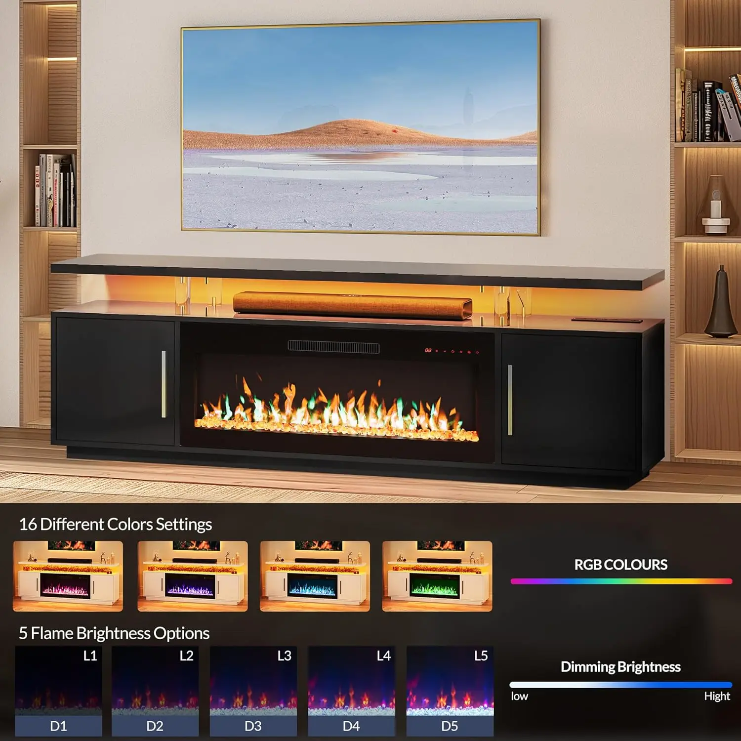 79 TV Stand for TVs up to 85", LED Light Entertainment Center with 42 Electric Fireplace Heater