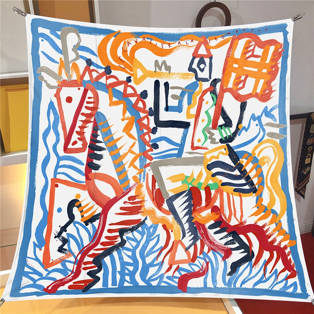 90cm Fashion Graffiti Horse Twill Silk Scarf Shawl Brand Square Scarf Women Hijab Luxury Bandana Fashion Neckerchief Head Scarf