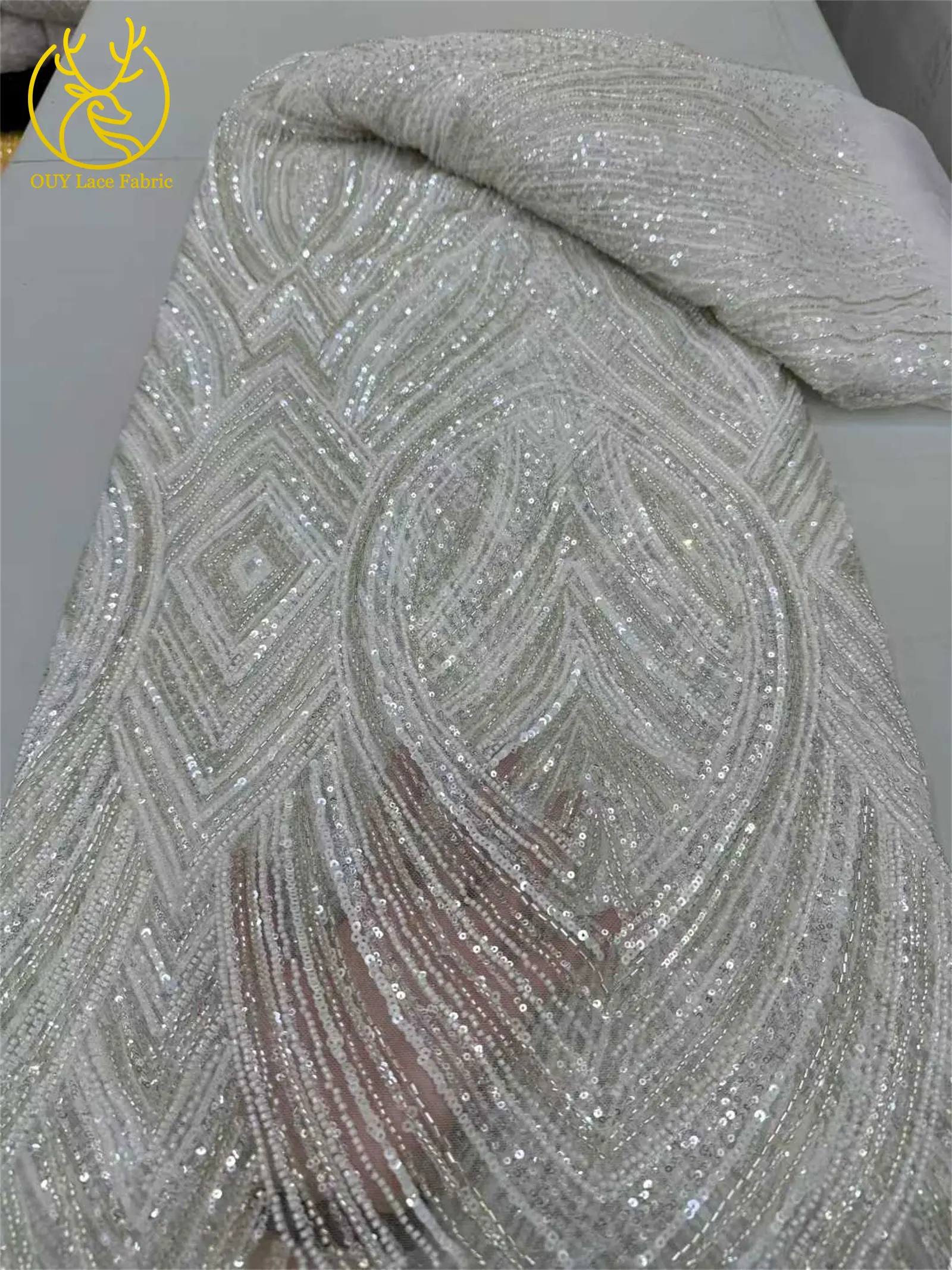 2025 Brand New Nigeria Groom Beaded Lace Fabric 5 Yards High Quality African Sequin Lace Fabric Bridal Wedding Dress Material