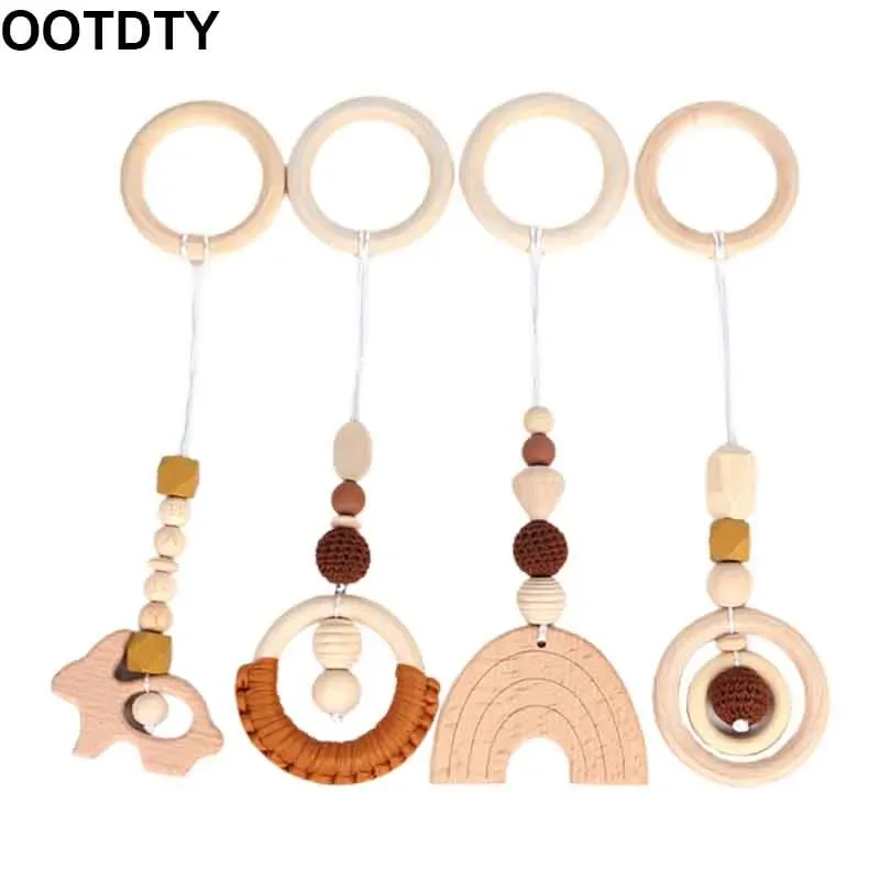4 Pcs/Set Baby Teething Nursing Rattle Gifts Play Gym Frame Stroller Hanging Pendants Wooden Ring Teether Molar